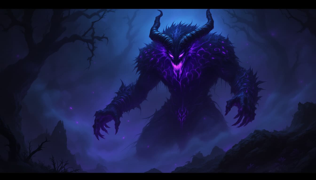 AI generated: In a dark, atmospheric setting, a formidable figure looms, adorned with intricate designs and glowin...