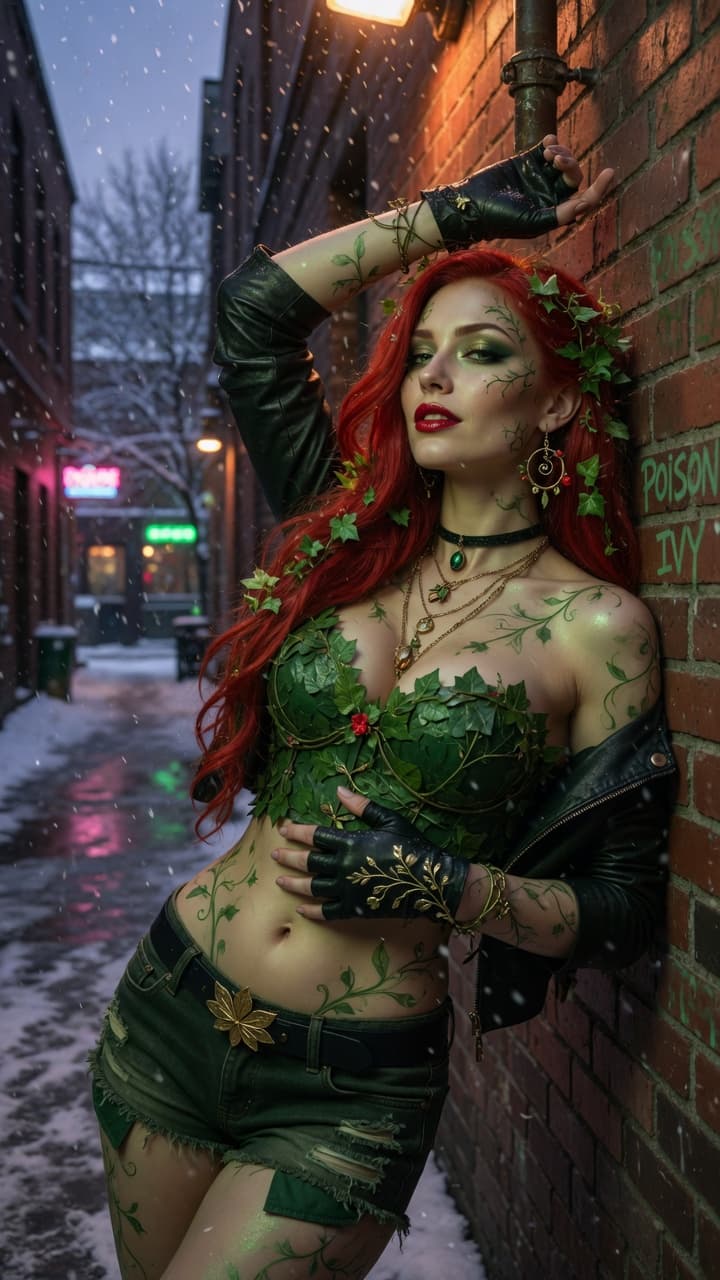 AI generated: A beautiful young woman cosplaying as a seductive modern Poison Ivy, leaning seductively against a r...