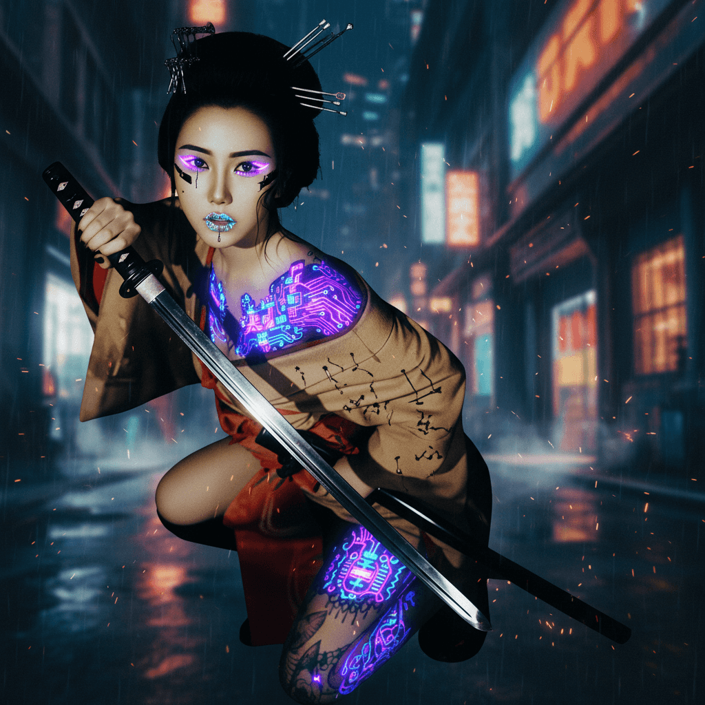 AI generated: Rebellious cyberpunk geisha with glowing neon tattoos yielding a katana, vintage, medium close up, p...