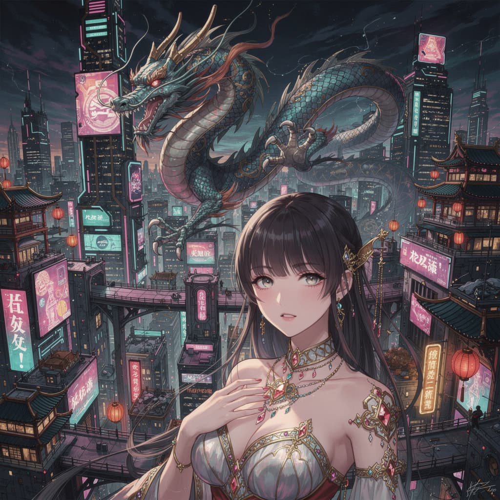 AI generated: Anime estilizado de Kyoto Animation mezclado con obras de arte tradicionales chinas ~ Un dragón vola...