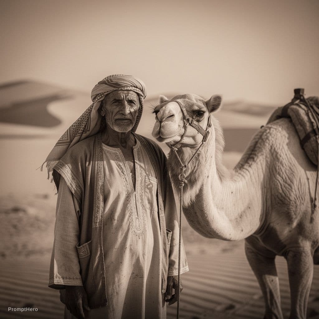 AI generated: ‎A Saudi man in traditional antique garments, standing beside his loyal camel in the vast desert. Hi...