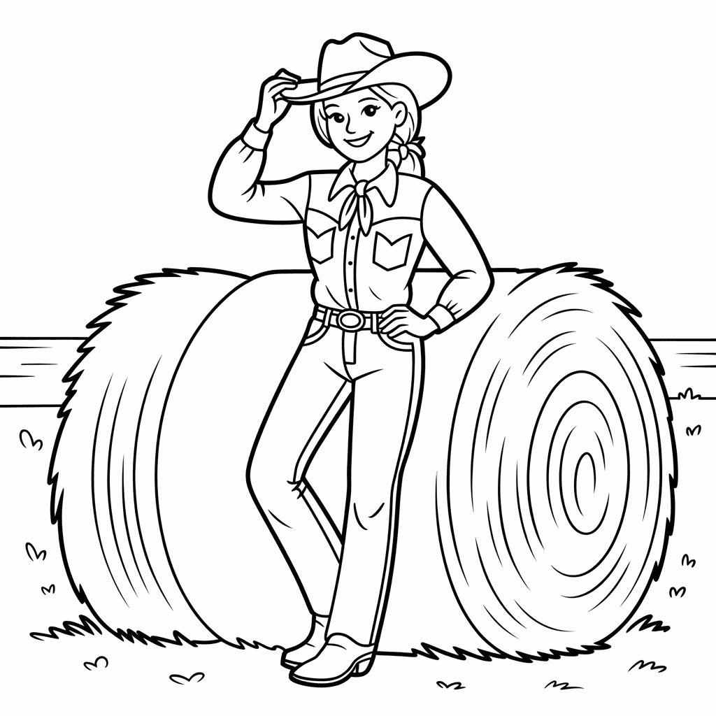 AI generated: "Cowgirl standing beside a hay bale with one boot propped up, smiling and holding her hat, wearing a...
