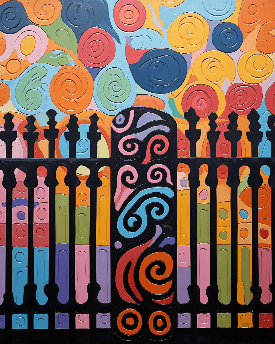 AI generated: A large, flat painting of an ornate fence with many different colored swirls and spirals on it paint...