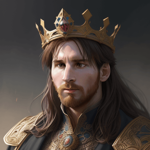 AI generated: Lionel Messi with a majestic crown, closeup, D&D, fantasy, intricate, elegant, highly detailed, digi...