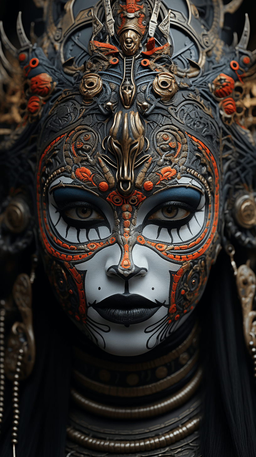 AI generated: Portrait of warrior whose mask is a mix of indian kathakali makeup and japanese oni demon mark