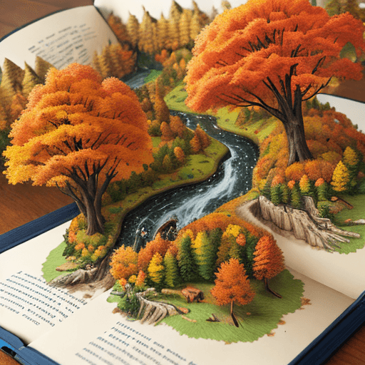 AI generated: open pop-up book with the autumn landscape, trees, a river, extremely detailed, hyper-realistic, hig...