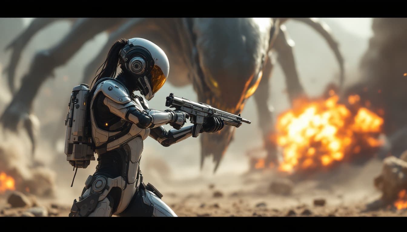 AI generated: A futuristic female soldier fighting wearing sci-fi battle armor in an alien warzone bright backgrou...