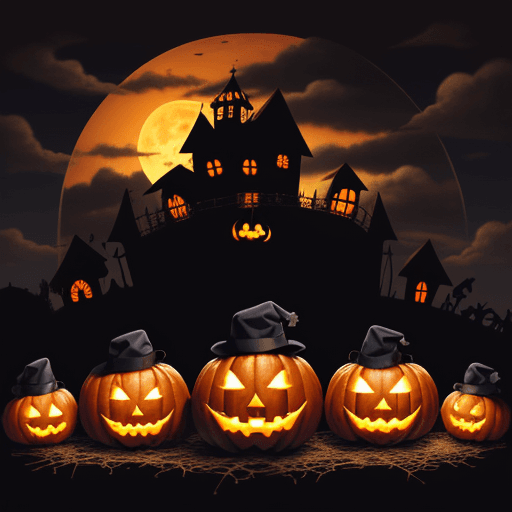 AI generated: PUMPKINS, MICE WITH HATS, JACK-O-LANTERN IN MIDDLE, COBWEBS, ACONS, DARK SKY WITH CLOUDS