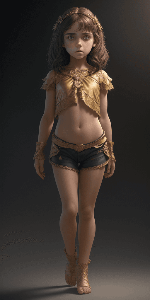 AI generated: full body, 8 year old girl, beautiful, brunette hair, little girl, short tight ripped clothes, reali...