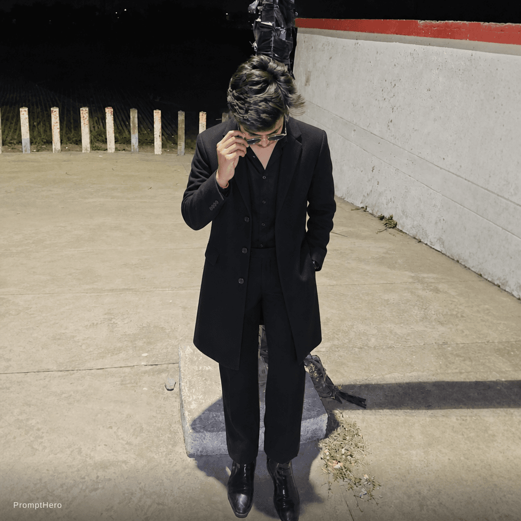 AI generated: Wear a black coat and pant and boots and don't change background and no change in character only cha...