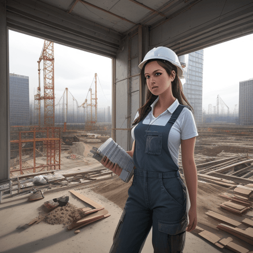 AI generated: Hyper realistic eye level exterior photo of girl working at construction site.
