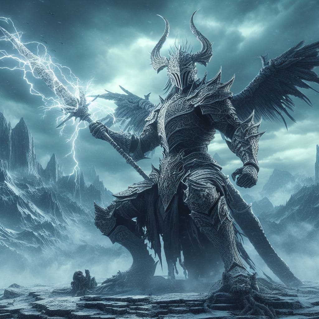 AI generated: an awe-inspiring 3D portrayal showcasing The Nameless King from Dark Souls 3. Place him in a vast an...