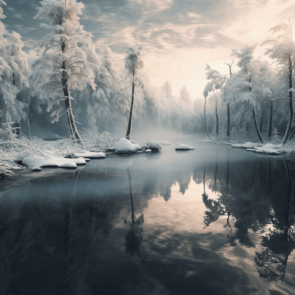 AI generated:  small lake surrounded by a frozen taiga forest, snow on the trees, winter, complex details, masterp...