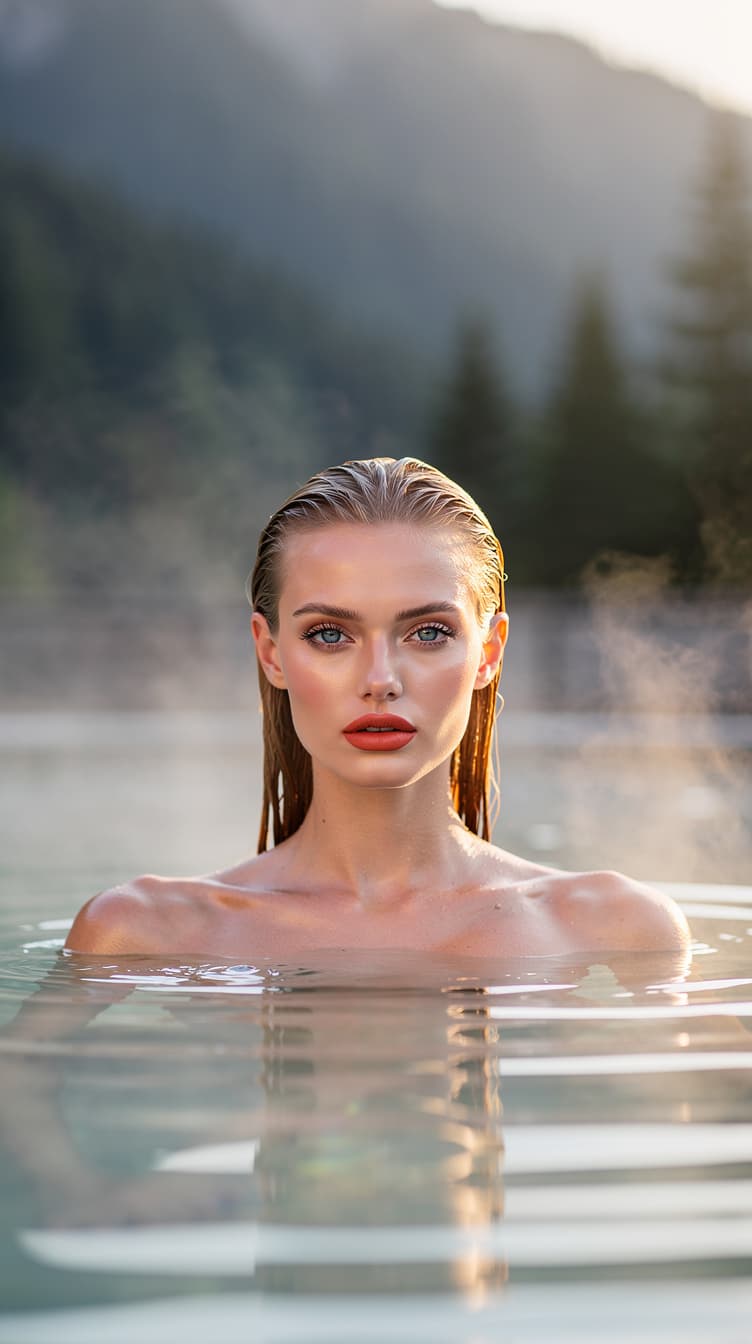 AI generated: "A vertical portrait image with soft golden hour light pastel colours. A lithe supermodel with fair ...