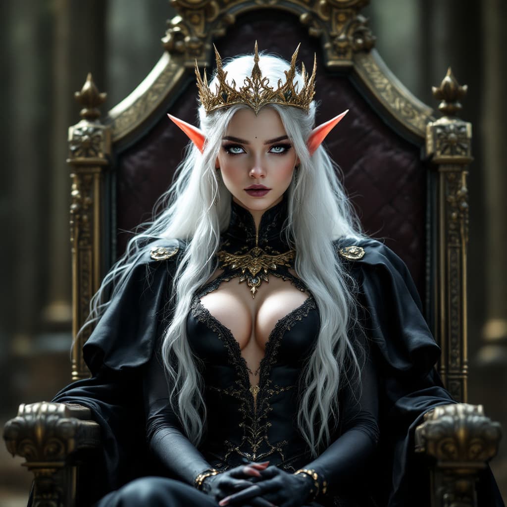 AI generated: Photo of  a young queen with white hair, white eyes, elf ears, wearing a black gown and gold crown, ...