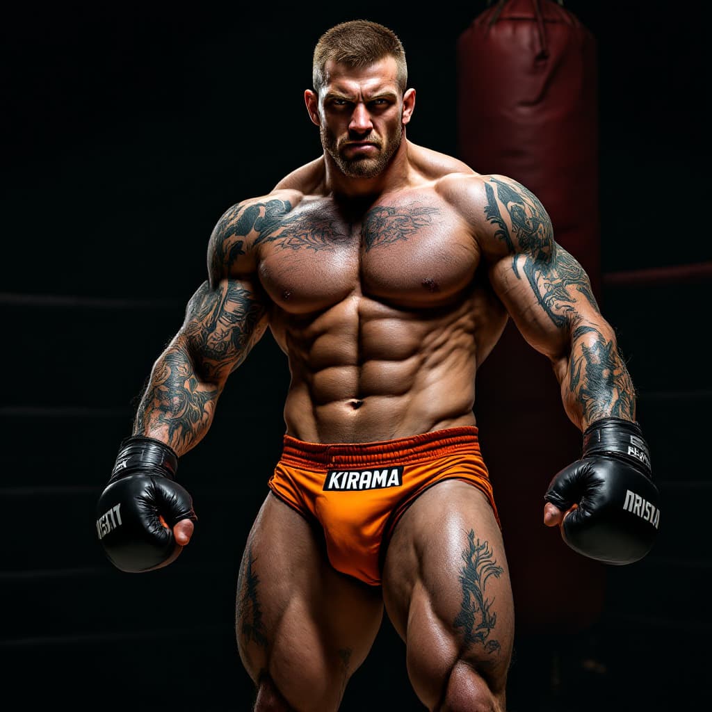 AI generated: Full body head to toe image irish stud MMA fighter, muscular tatted legs and feet, short brown hair ...