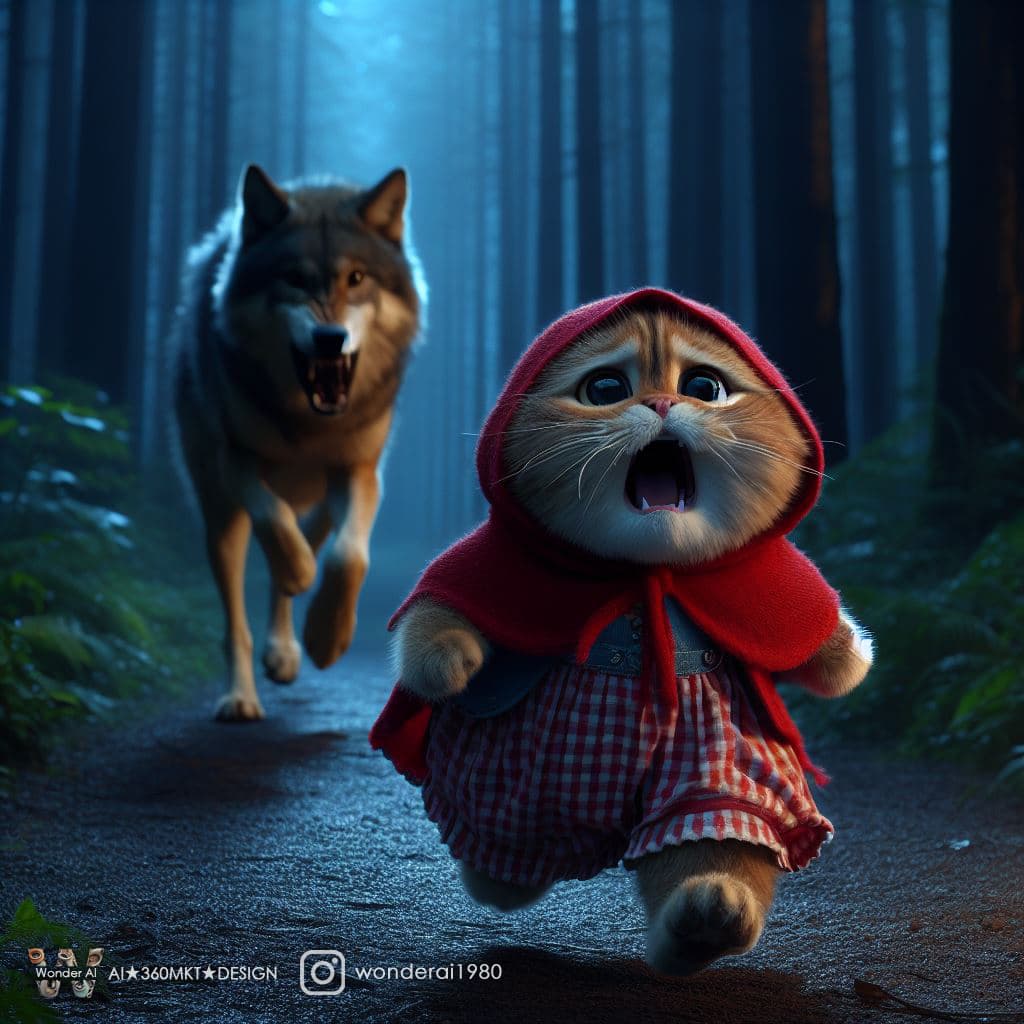 AI generated: anthropomorphic cute cat, wearing the costume of the fairy tale character Little Red Riding Hood, re...