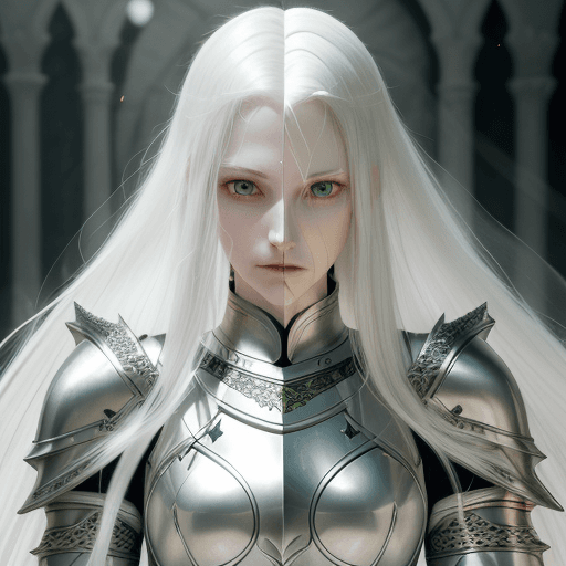 AI generated: Female knight, long white hair, pale skin, green eyes, symmetrical features, thin features, narrow f...