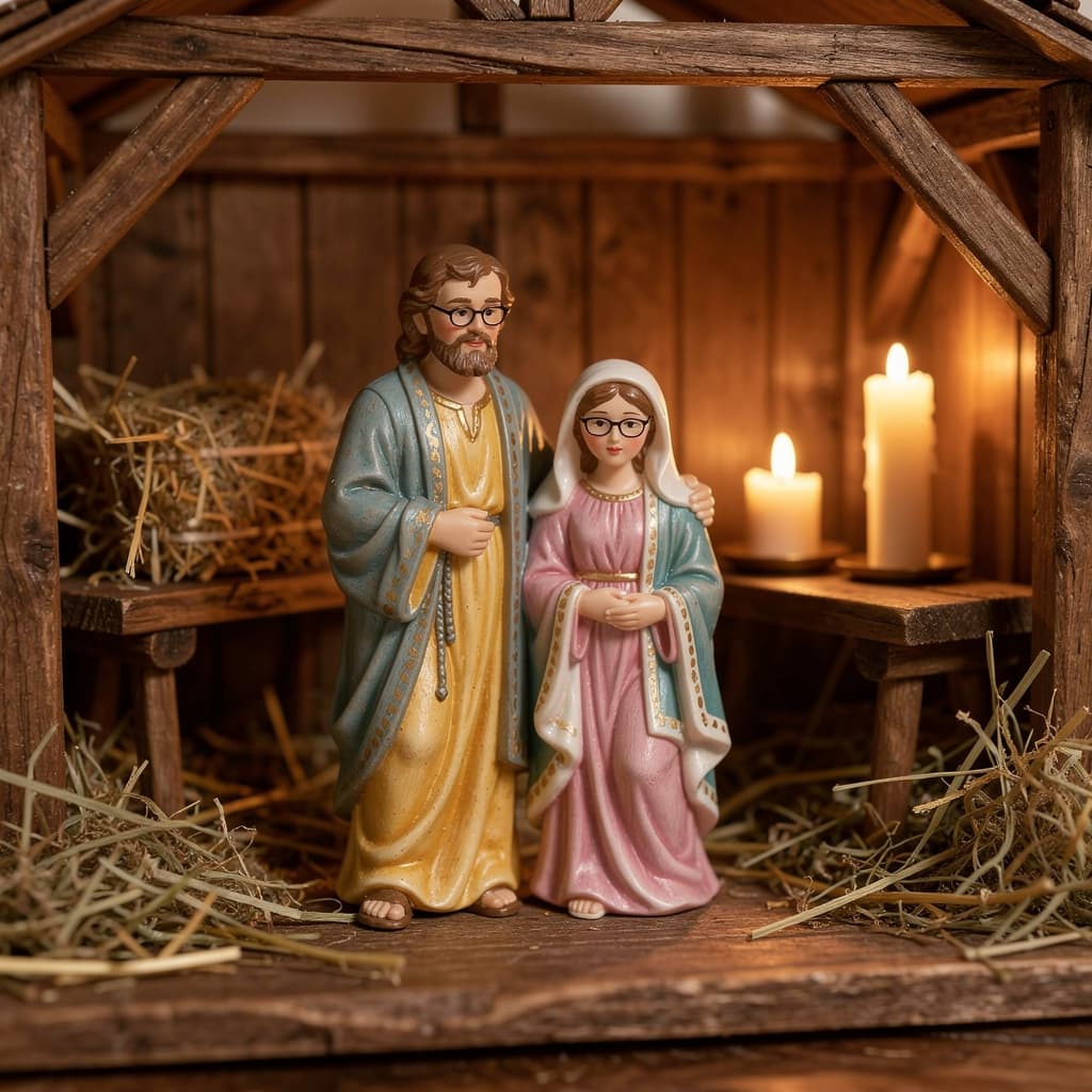 AI generated: take this couple and put like Jose in Maria in a nativity scene. they are figurines.