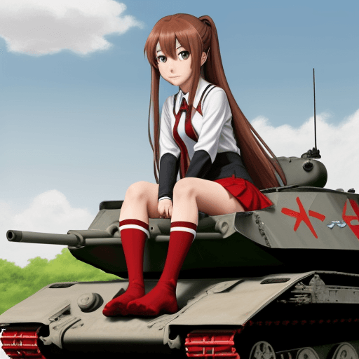 AI generated: taiga aisaka, anime, black stokings, red school uniform, long hair, sit on tank, T-34, not realism, ...