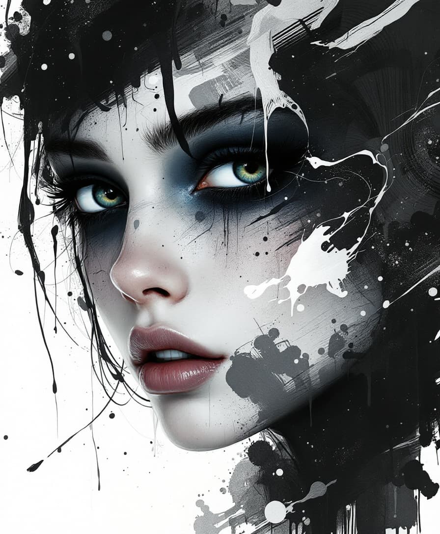 AI generated: An abstract female portrait with paint splashes, in the style of Ralph Steadman, with a digital art ...