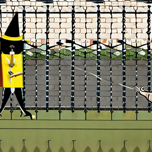 AI generated: a bumblebee wearing a wizard's hat fencing against a greyhound
