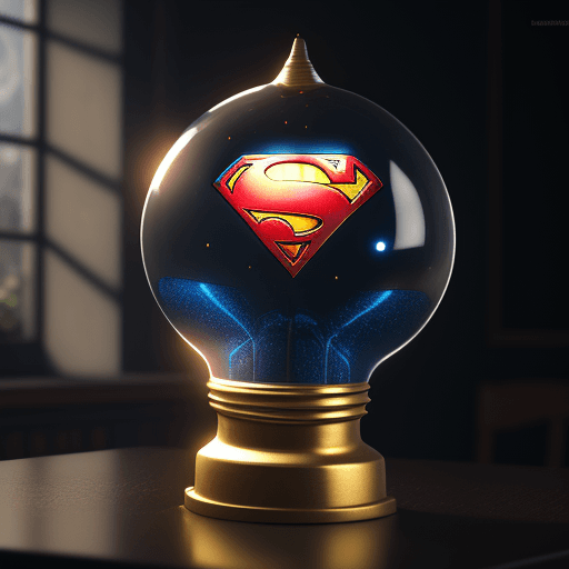AI generated: Bulb on the table with the design and character of superman The bulb is gold and Blue dark, no water...