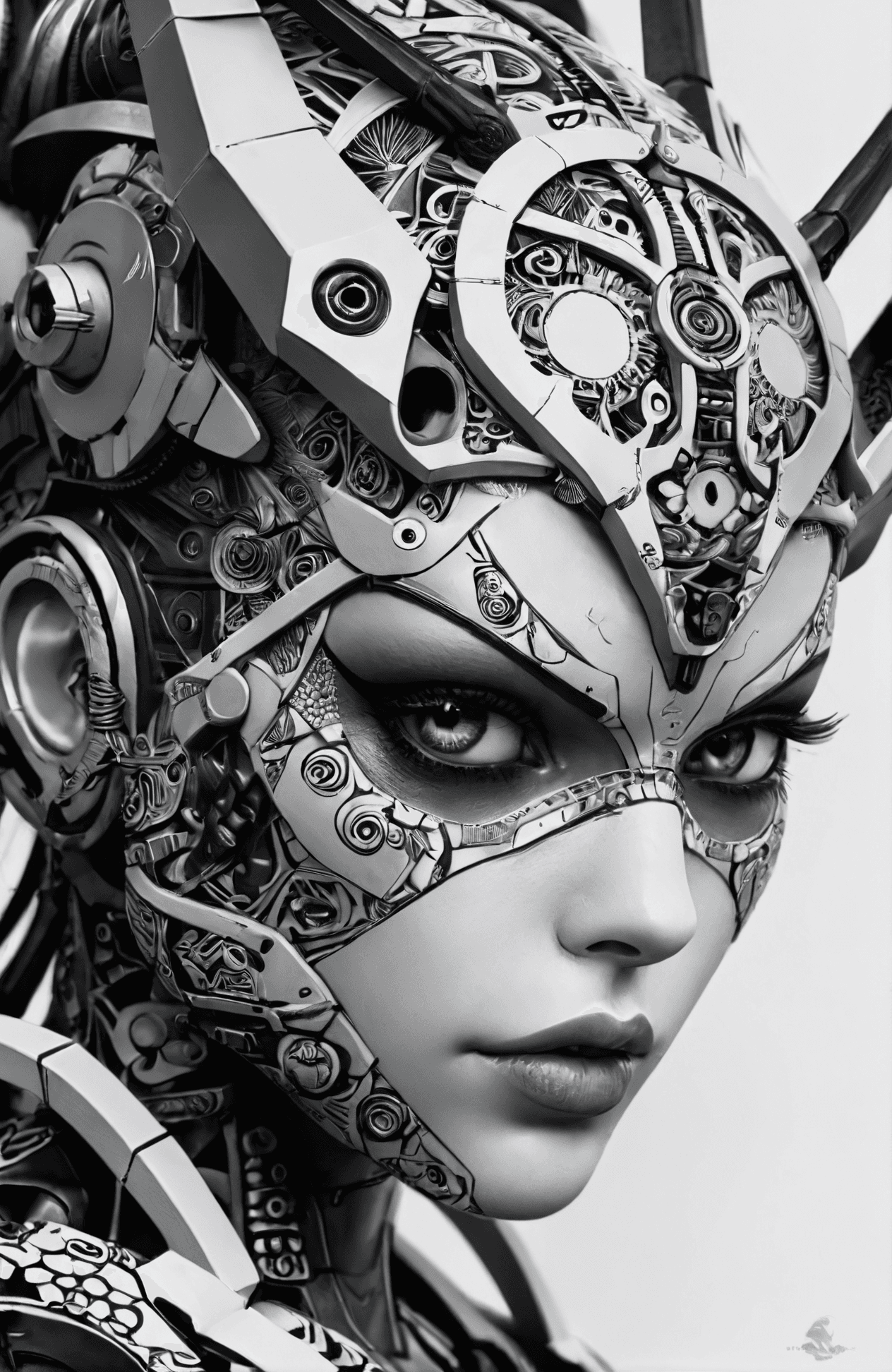 AI generated: Monochrome Zentangle (magazine cover), mechanical angel, mech, highly detailed, metal gear solid art...