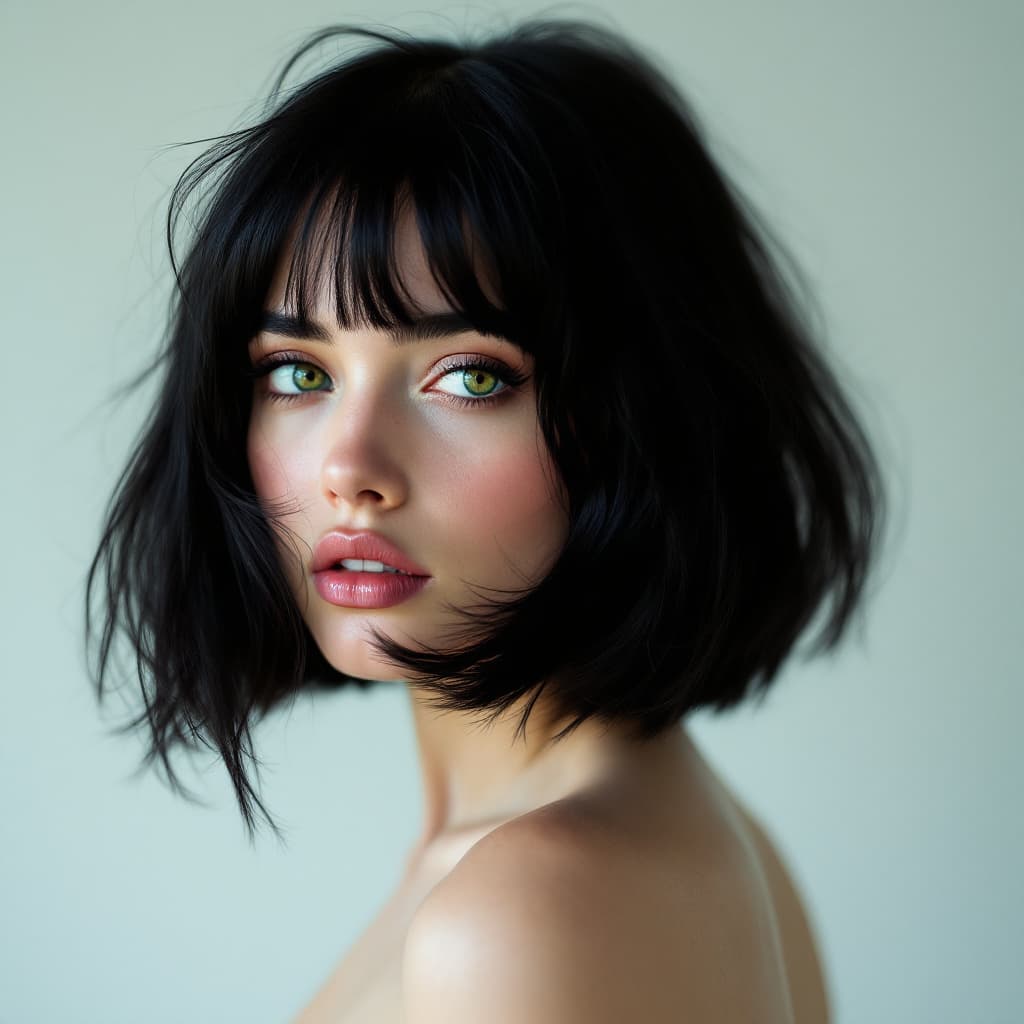 AI generated: hyperrealistic photo, ispired by Valentina character of Guido Crepax, green eyes, bobcut black hair,...