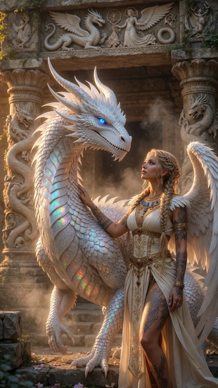 AI generated: Majestic white dragon with intricate iridescent scales and piercing blue eyes standing beside a wing...
