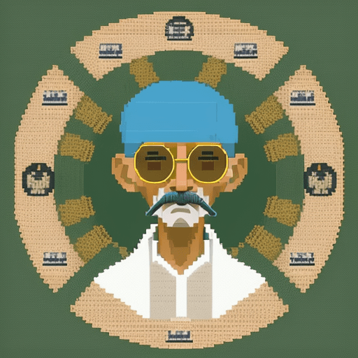 AI generated: Mahatma Gandhi cryptopunks Pixleart with round glasses crypto peacecoin background