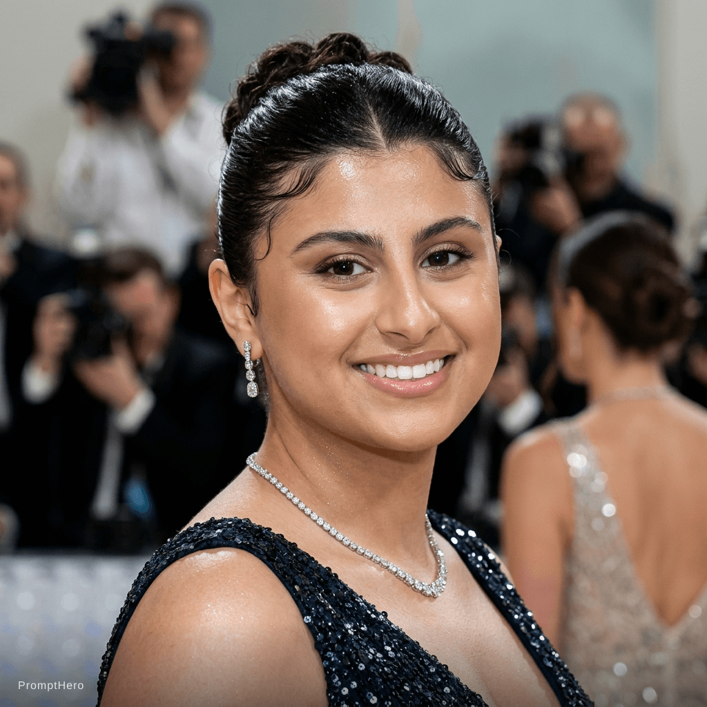 AI generated: glam glow up — red carpet look, glowing skin, sleek hair, confident smile