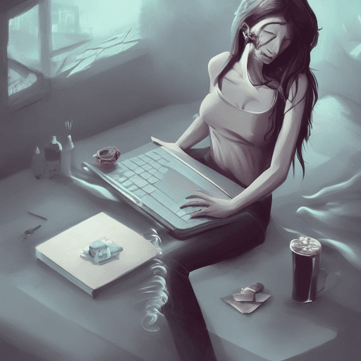 AI generated: there is a woman sitting on a bed with a laptop, smoking woman, dramatic smoking pose, relaxing conc...