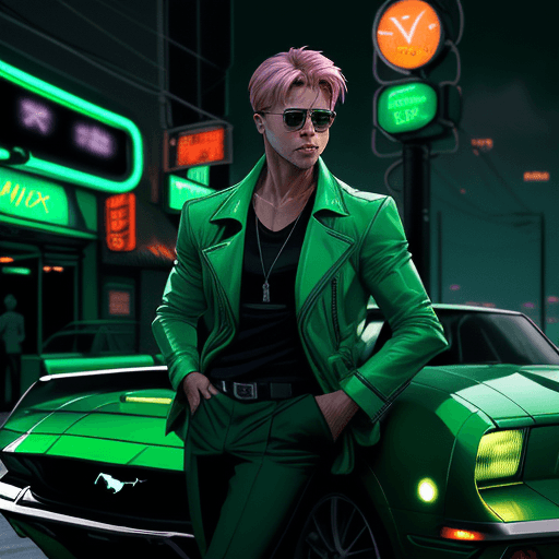 AI generated: martin ansin style, light green and light emerald green, brad pitt style full physical height, hands...