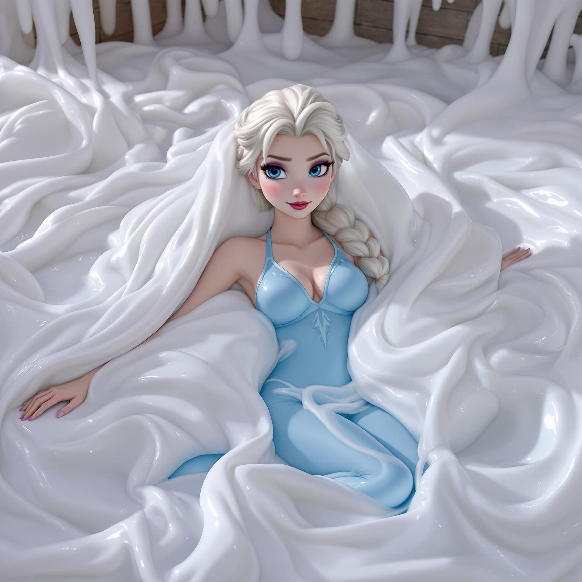 AI generated: Elsa from Frozen, In a swimming pool filled with white slime, String of sky blue swimsuit pulled to ...