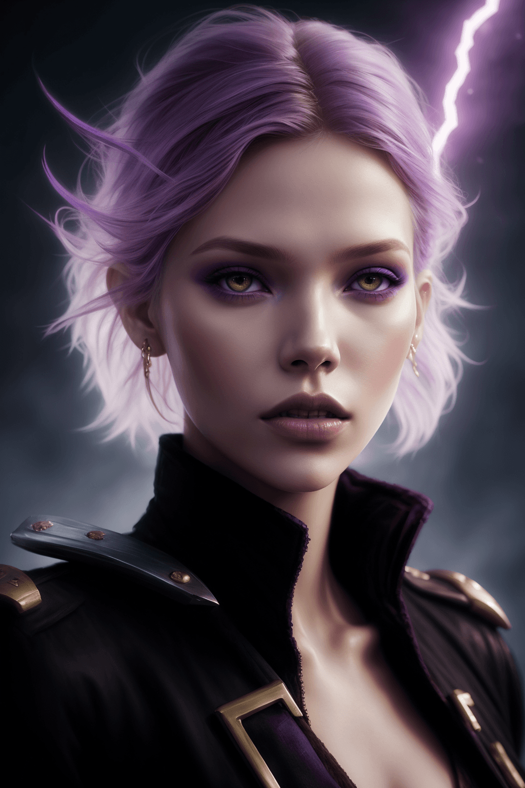 AI generated: a woman sasha luss with a purple eye makeup and a lightning background is shown in this digital pain...