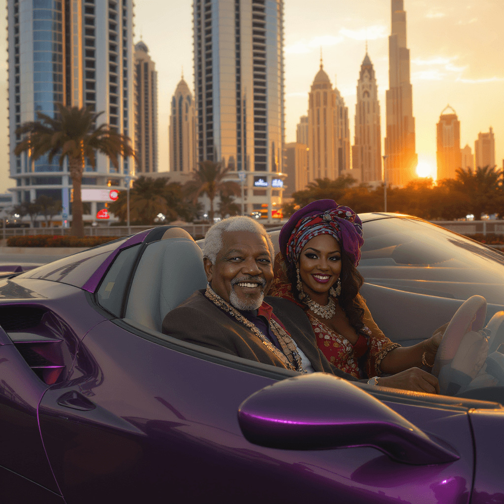 AI generated: A realistic image of Nelson Mandela riding in a purple Ferrari with his ex wife Winnie Mandela just ...