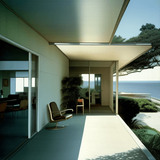 AI generated: Hyper realistic eye level exterior photo of a mid century modern style house overlooking the ocean, ...