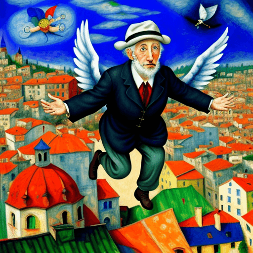 AI generated: Old Jewish man flying over the town, in the style of Chagall, expressionism, mixed with impressionis...