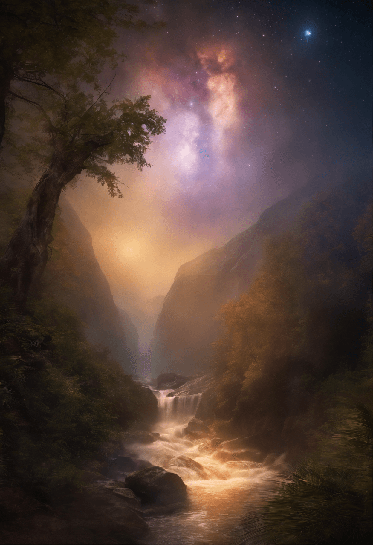 AI generated: beautiful landscape with river and mountains ,star nebula,very bright colors,light particles,with br...