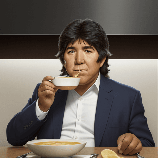 AI generated: Photo of a ultra realistic evo morales comiendo sopa de mani en new york primer plano con la hoja de...