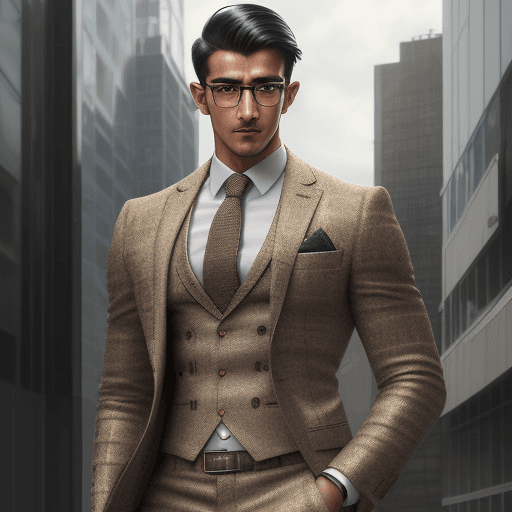 AI generated: Full-body realistic illustration of Roshan in a modern urban setting, wearing a tweed suit, with a f...