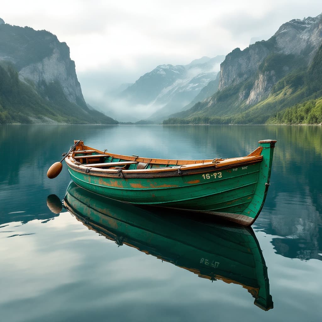 AI generated: Um barco de pesca verde-azulado em um lago sereno, cercado por montanhas cobertas de densa névoa bra...