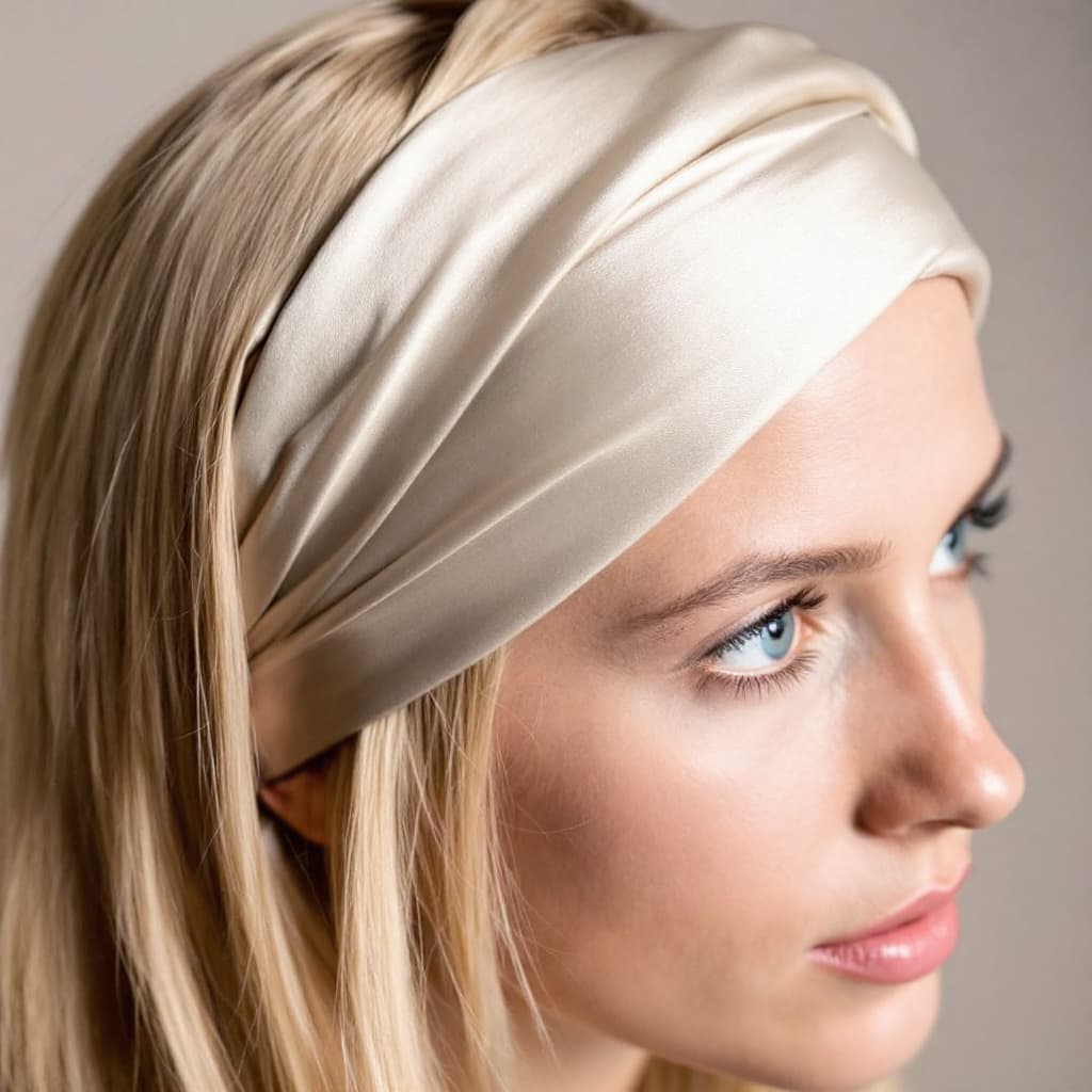 AI generated: light beige silk hair band on a woman with straight blonde hair and blue eyes.