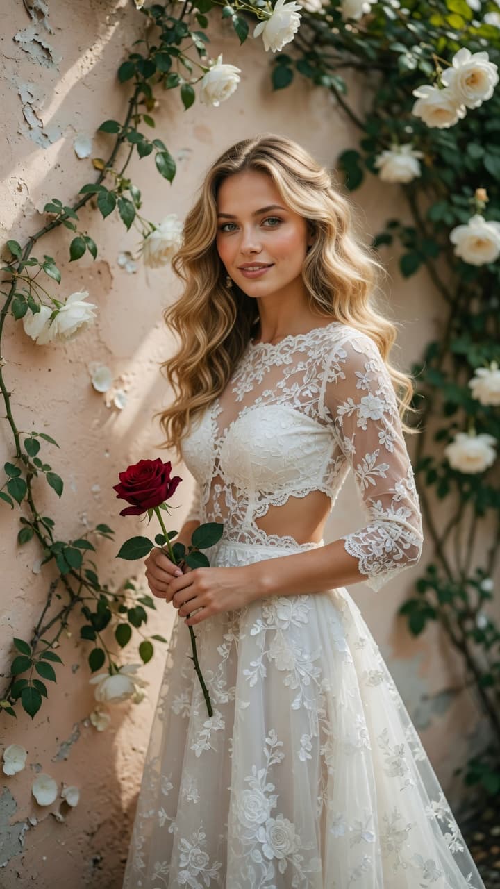 AI generated: A stunningly beautiful young woman with long, flowing wavy blonde hair cascading over her shoulders,...