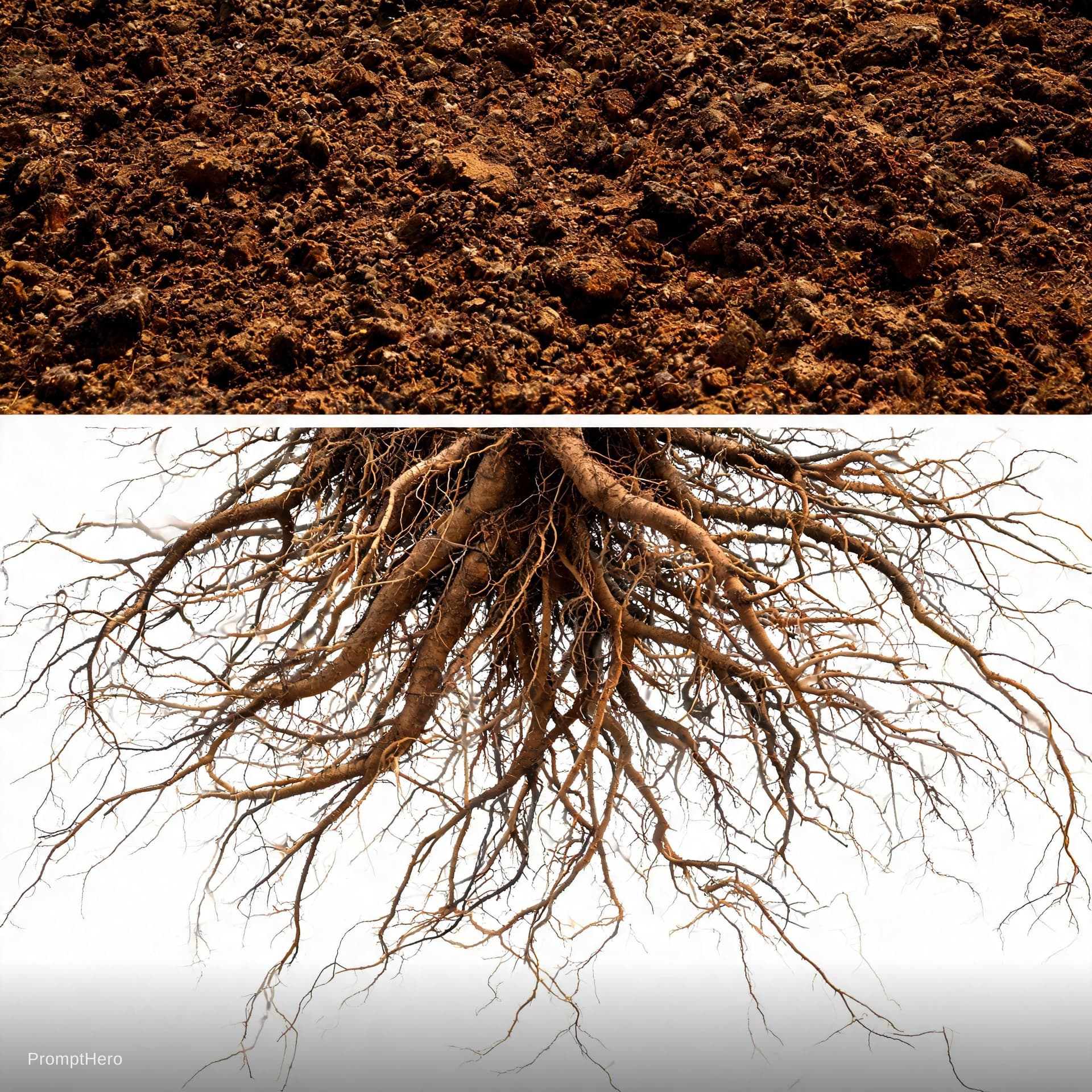 AI generated: make flat ground showing roots fully half the page  from ground cutout white background. but show a ...