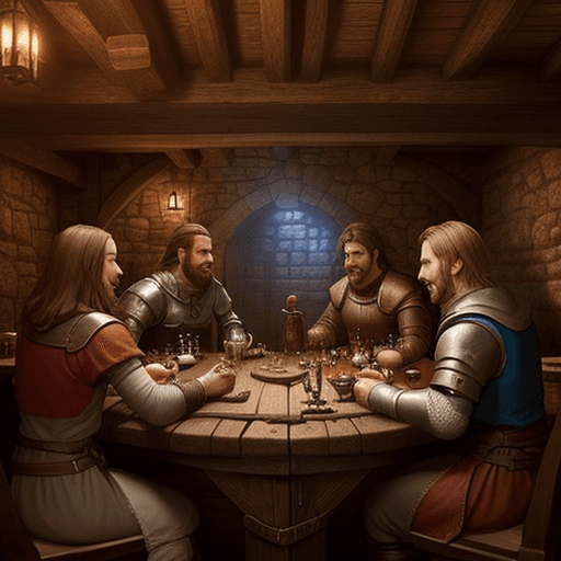 AI generated: inside medieval tavern, video game, guest aroung table, playing role game, d20