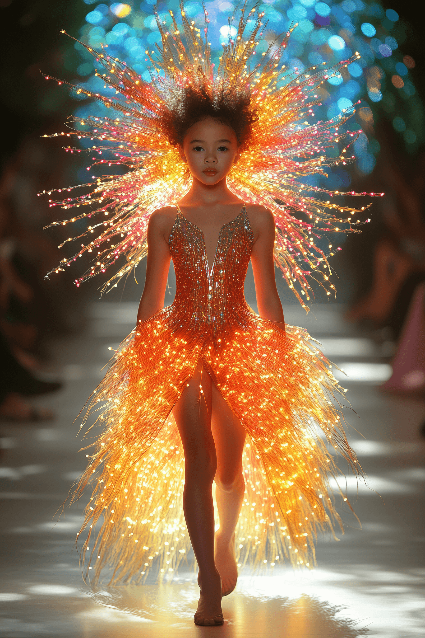 AI generated: A young Asian girl walking on a fashion runway, wearing a dazzling, intricately designed dress and h...