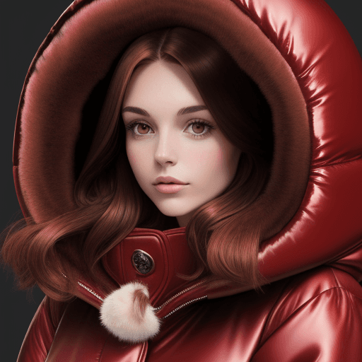 AI generated: an european woman with brown hair in a very puffy shiny red down-filled coat with a very puffy hood ...