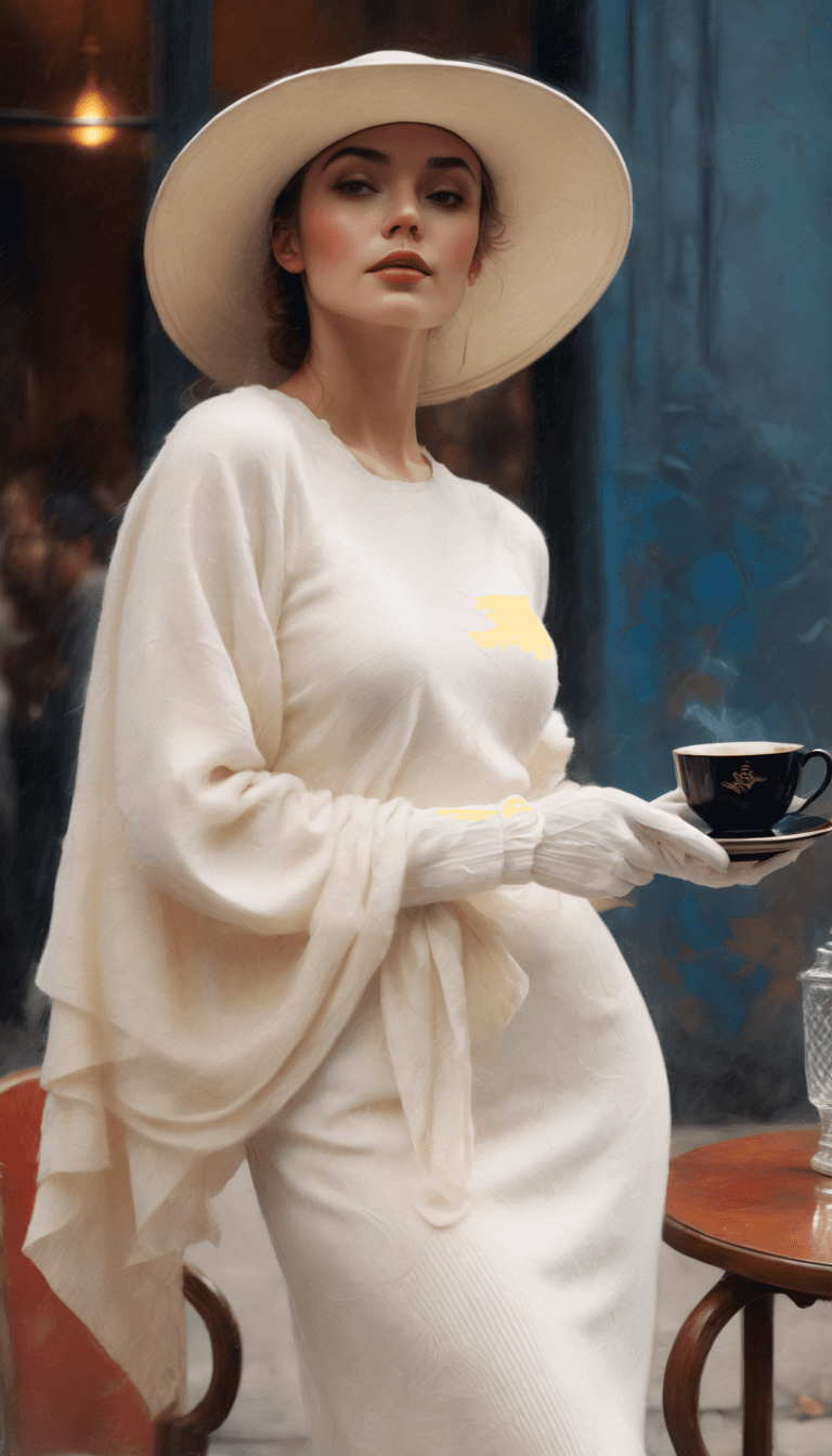 AI generated: The image features a woman wearing a white hat and a white dress, standing in front of a building. S...